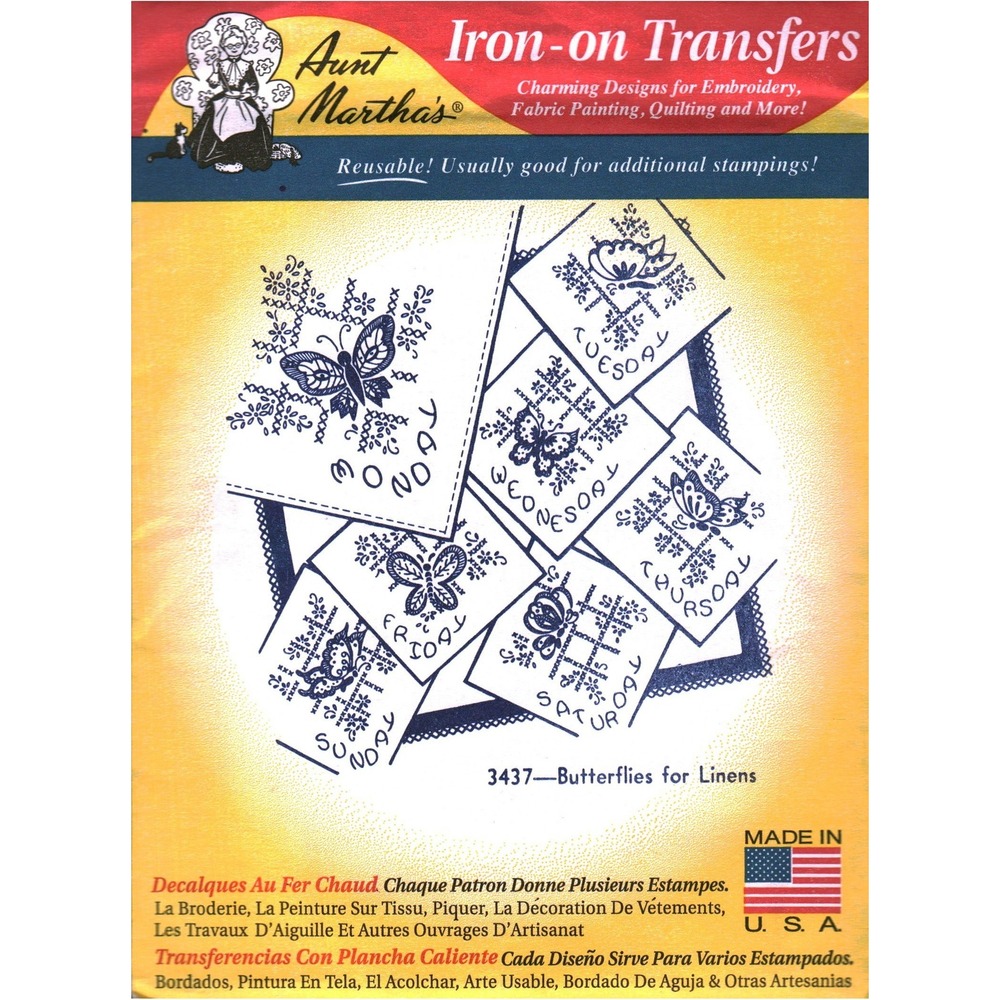 Aunt Martha's Iron-on Transfers 3437 Butterflies for Linens Days of the Week DIY